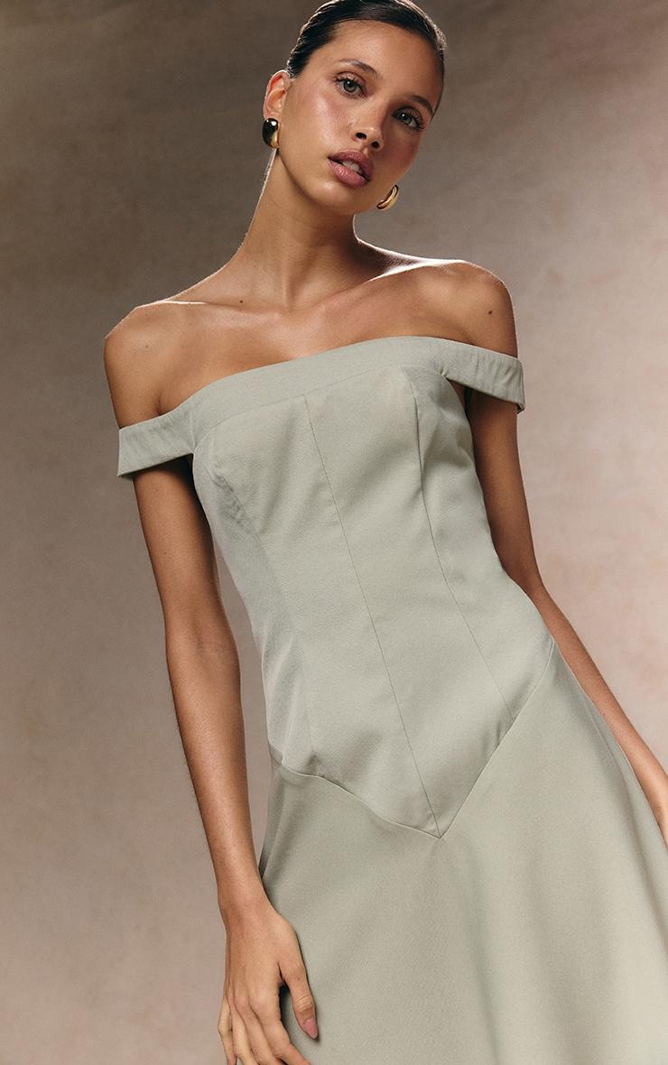 Sage Green Structured Bardot V Waist Maxi Dress Product Image