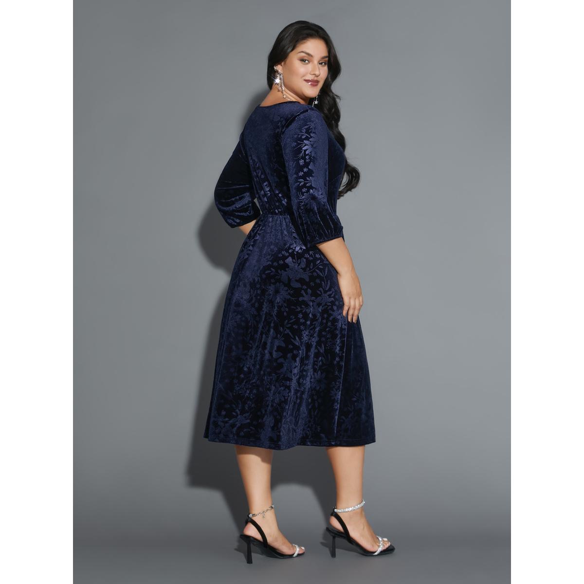 Plus Size Velvet Button Detail V-Shaped Neck Dress DarkBlue Women Cocktail Texture V-neck Elbow-length sleeve Curvy BloomChic 30/6X Product Image