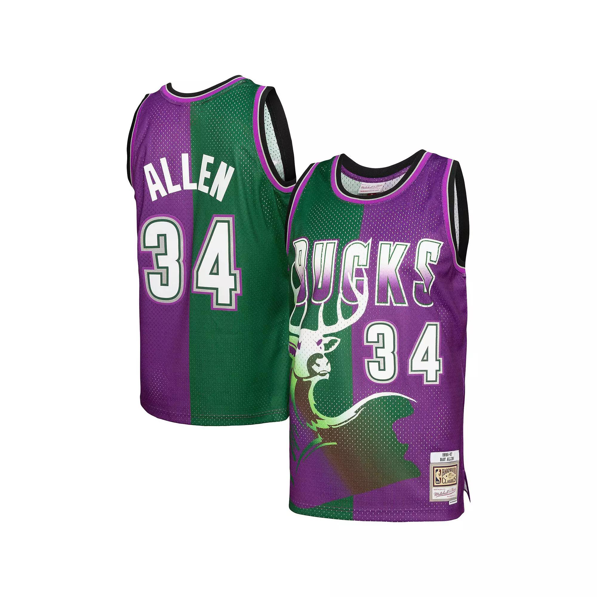 Men's Mitchell & Ness Ray Allen Green/Purple Milwaukee Bucks Hardwood Classics 1996-97 Split Swingman Jersey, Size: Medium Product Image