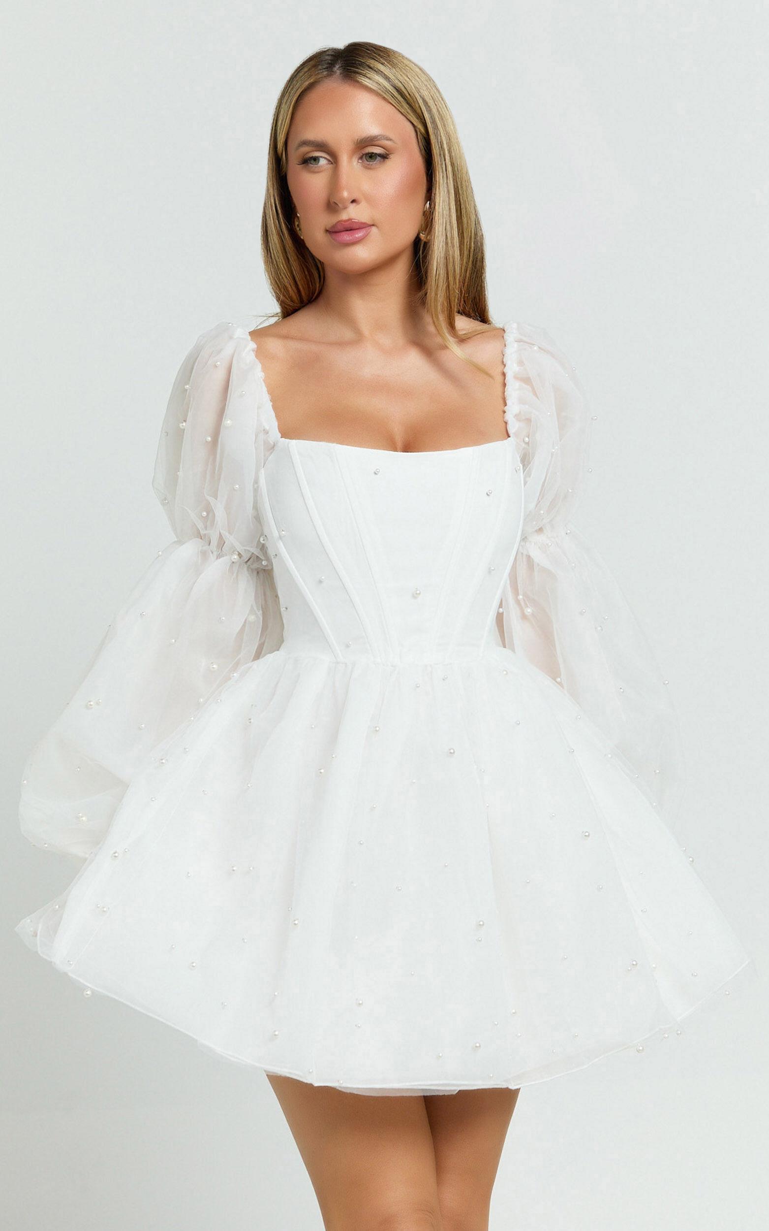 Ingrid Mini Dress - Long Puff Sleeve Pearl Detail Dress in White Product Image