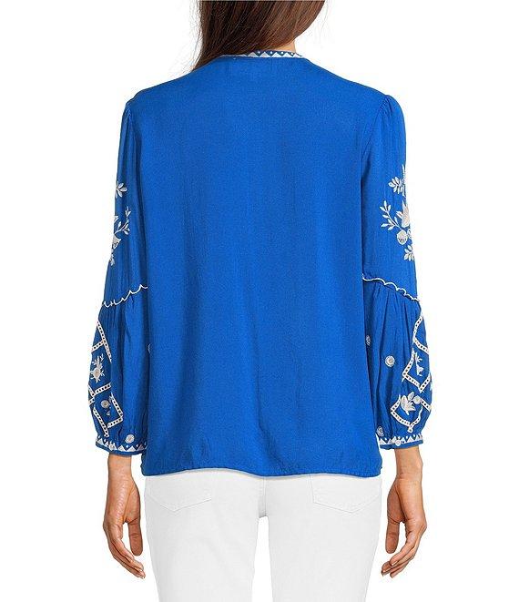JOHNNY WAS Embroidered Floral Round Neck Long Puff Sleeve Button Front Blouse Product Image