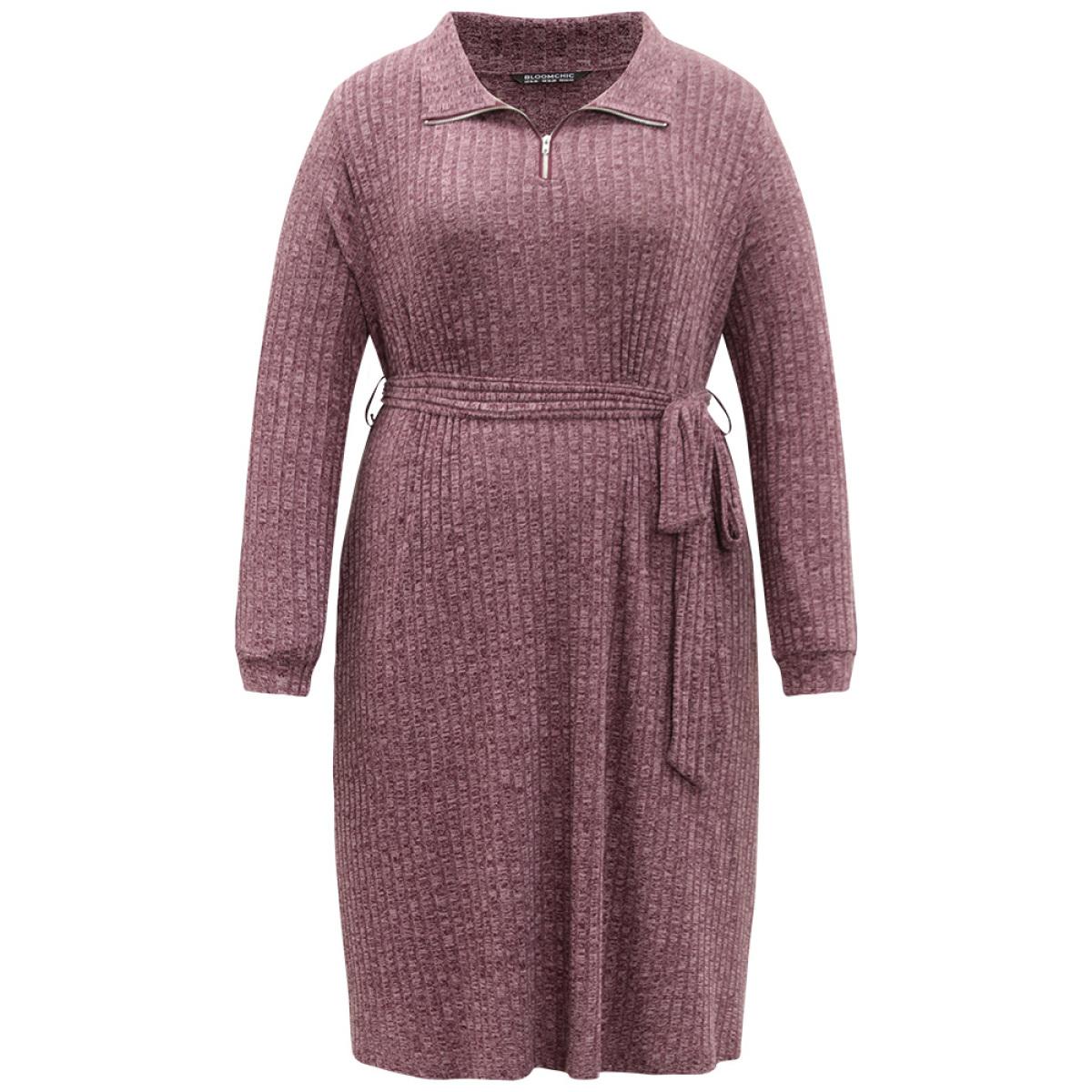Plus Size Solid Belted Rib Knit Half Zipper Dress Scarlet Women Casual Texture Lapel Collar Long Sleeve Curvy Midi Dress BloomChic 22-24/3X Product Image
