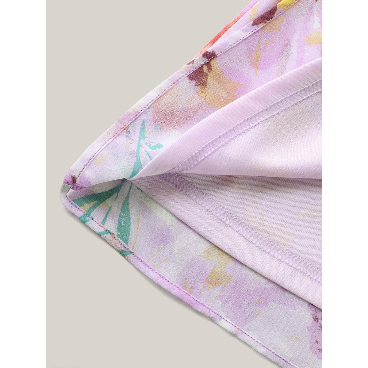 Plus Size Lilac Floral Print Shirred Bodice Blouse Women Short sleeve V-neck Elegant Blouses BloomChic 28/5X Product Image