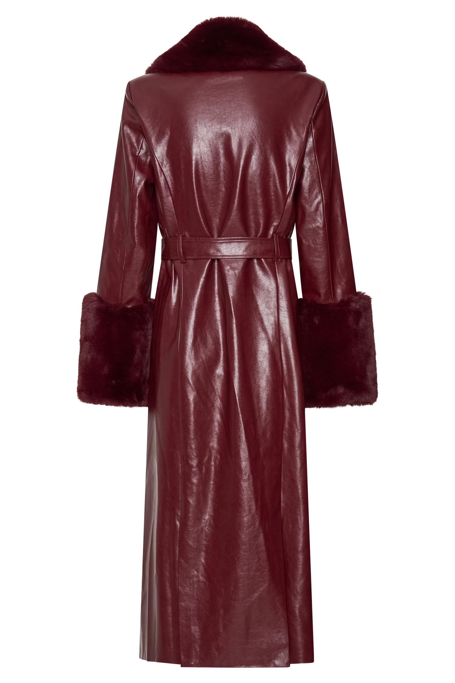 Bec Faux Leather Trench Coat With Faux Fur - Cherry Red Product Image