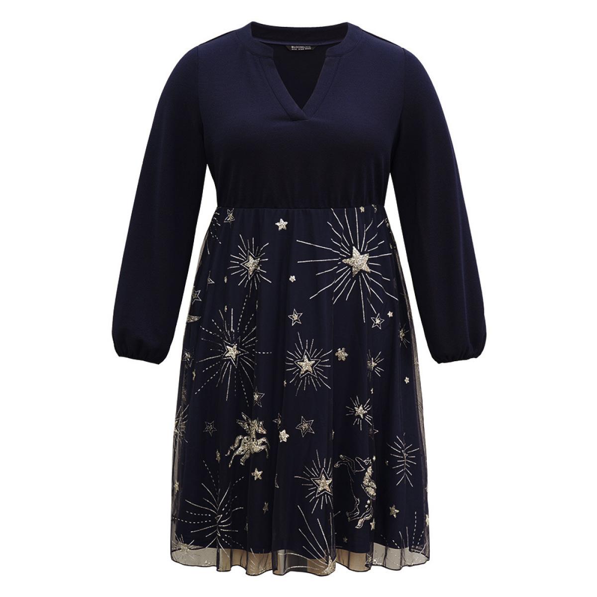 Plus Size Star Glitter Mesh Patchwork Notched Dress Midnight Women Party Elastic cuffs Notched collar Long Sleeve Curvy Midi Dress BloomChic 10/M Product Image