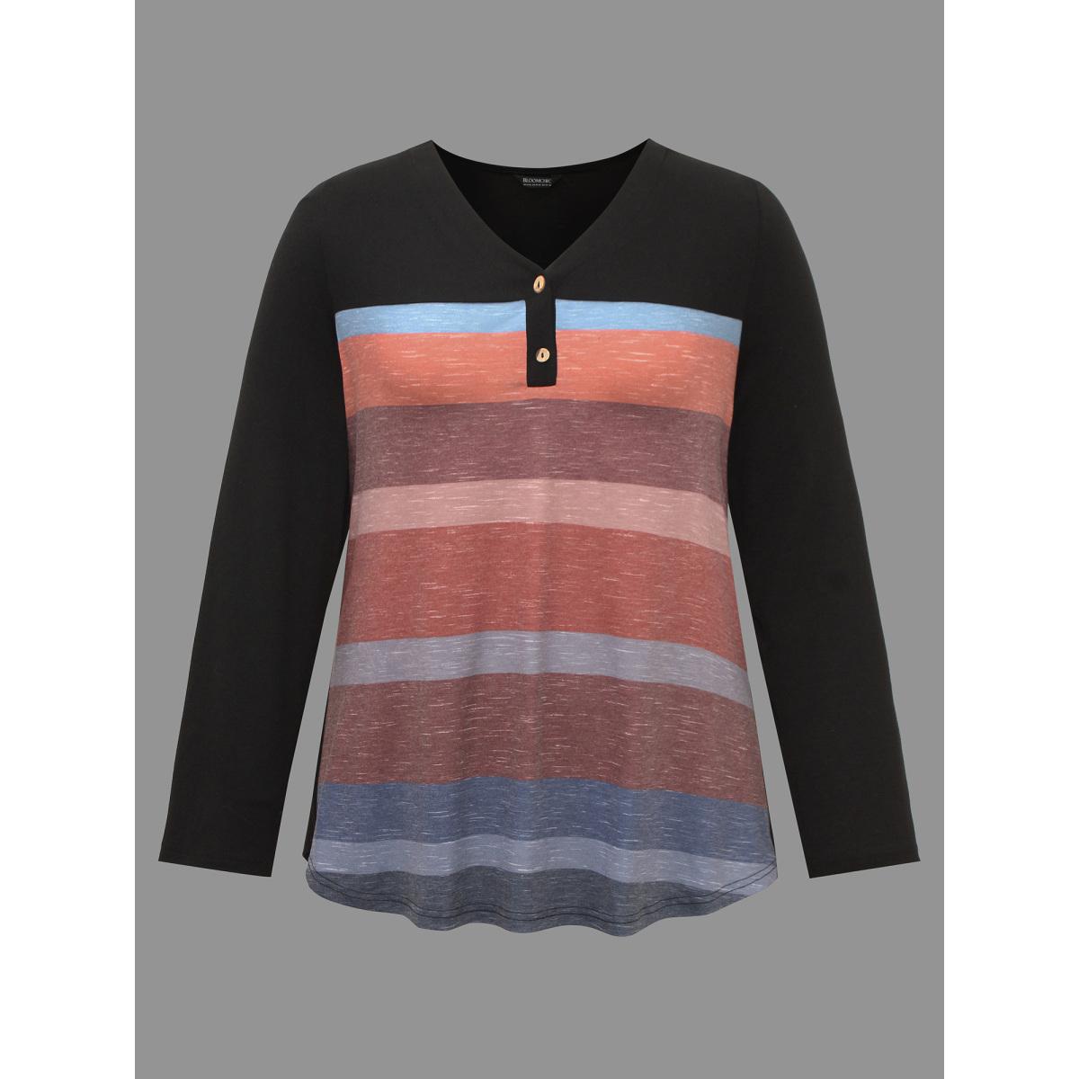 Plus Size V Neck Colorblock Contrast Button Up T-shirt Black Women Casual Contrast V-neck Everyday T-shirts BloomChic 26/4X Product Image