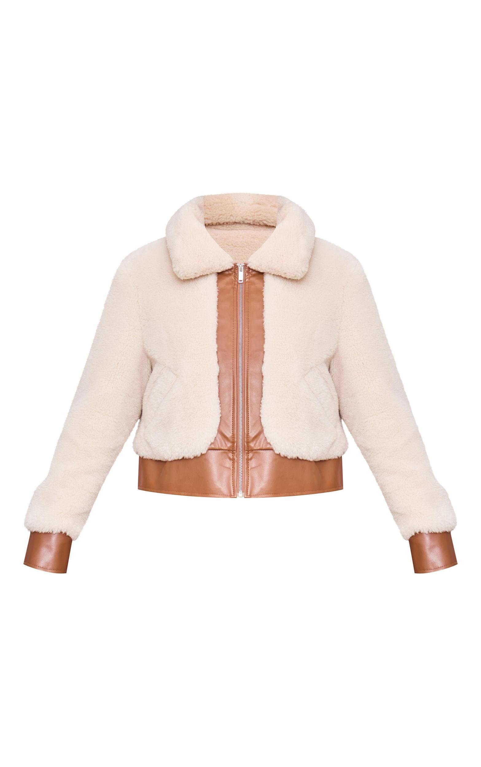 Cream Plush Faux Fur Contrast Faux Leather Zip Up Jacket Product Image