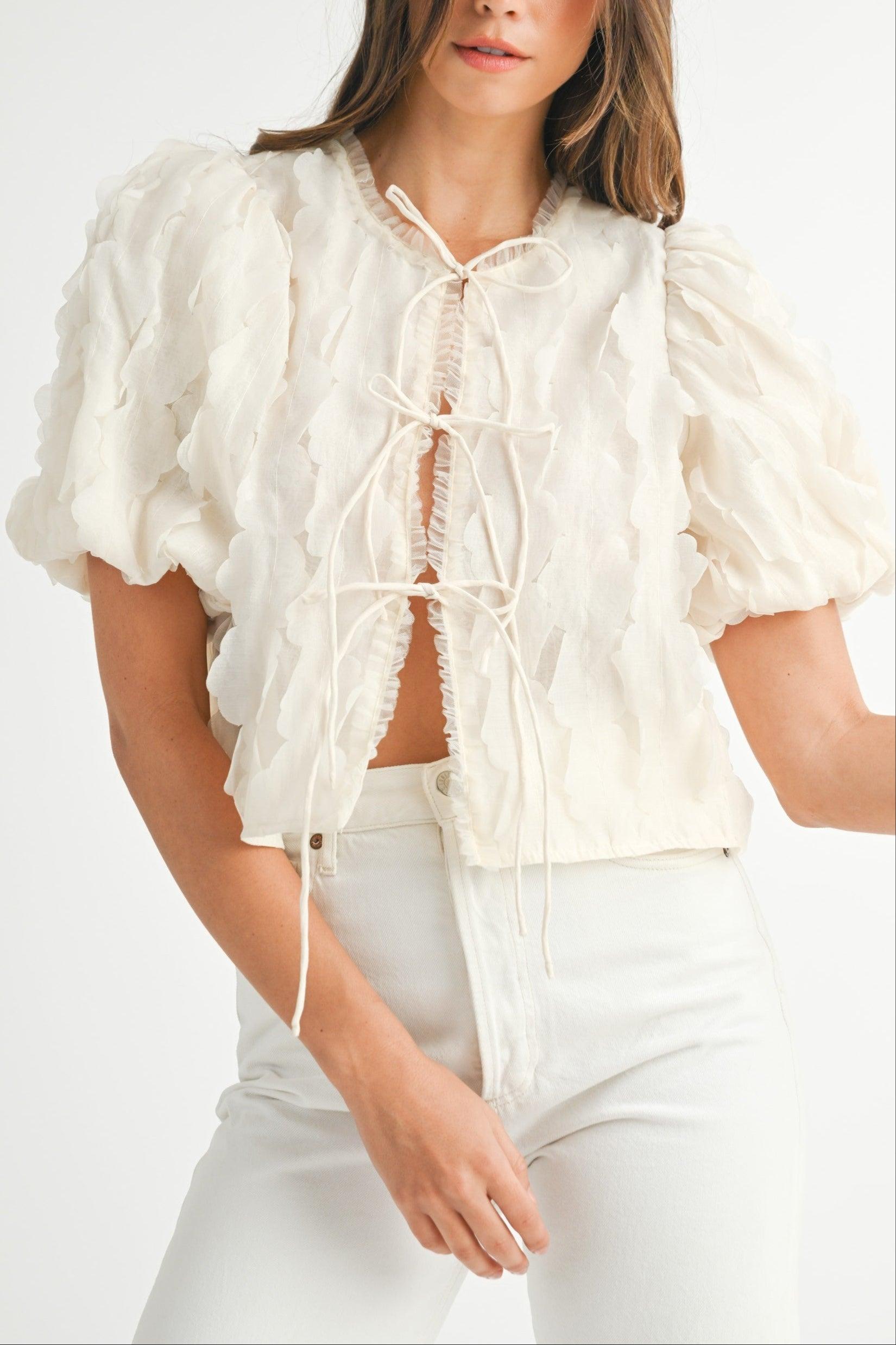 Textured Scallop Puff Sleeve Blouse Top Product Image