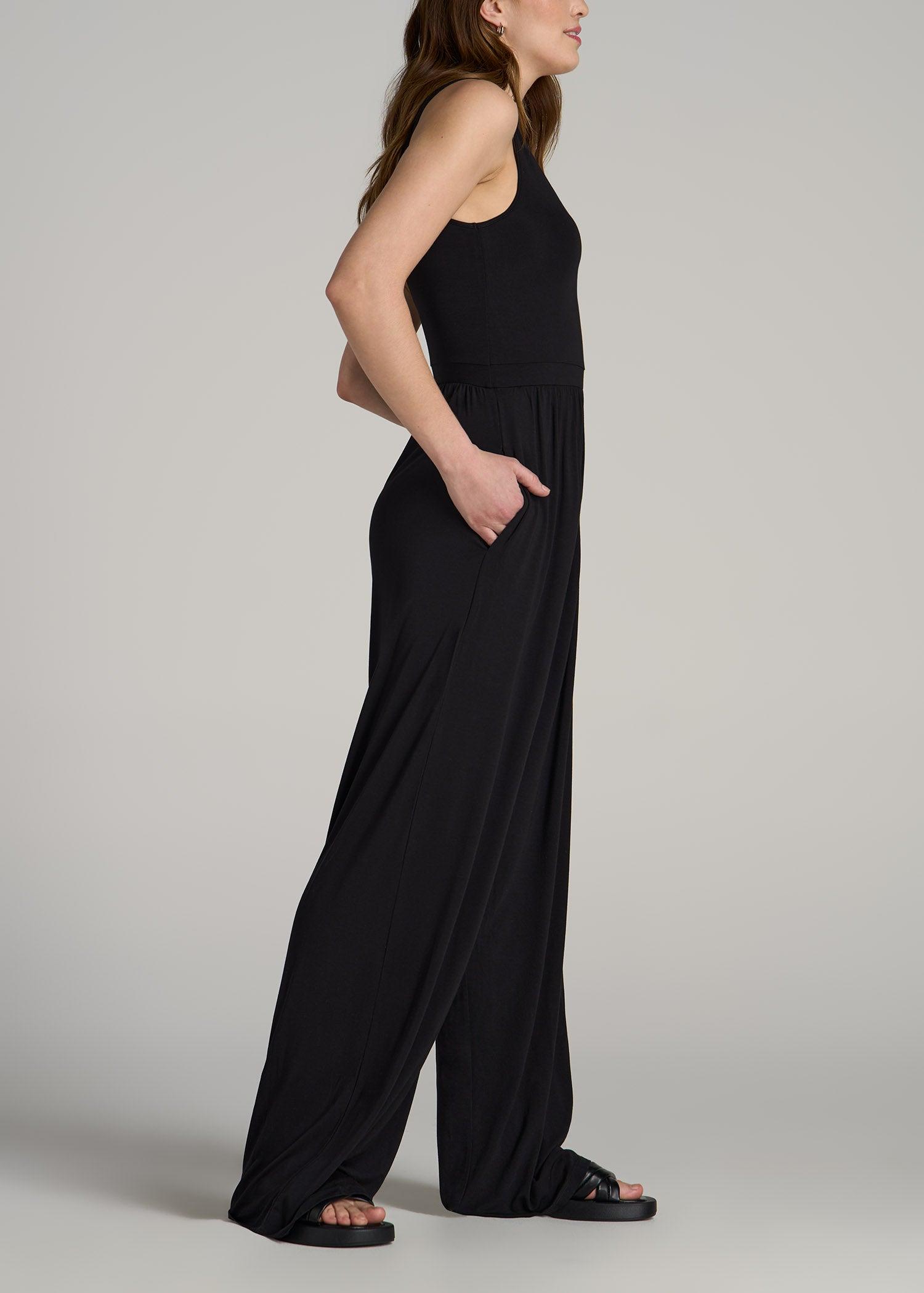 Jersey Tank Wide-Leg Jumpsuit with Pockets for Tall Women in Black Female Product Image