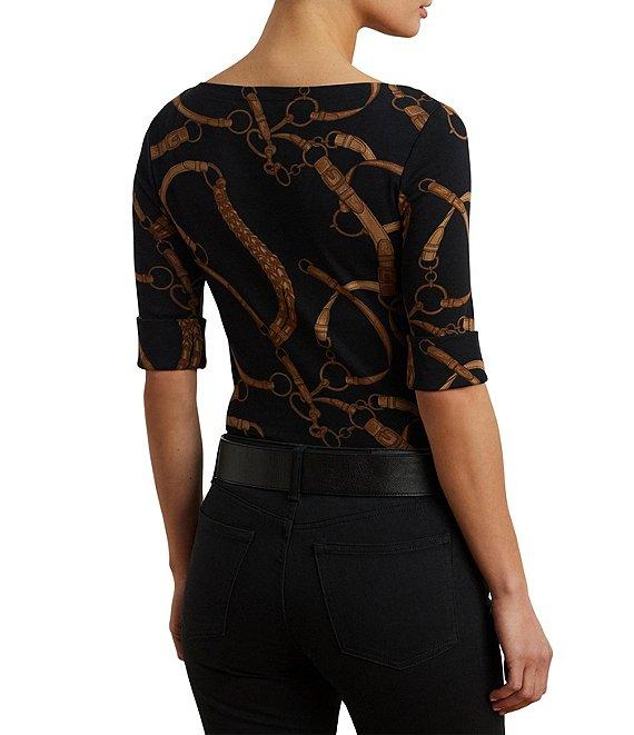Lauren Ralph Lauren Belting Print Boat Neck Elbow Sleeve Fitted Tee Product Image