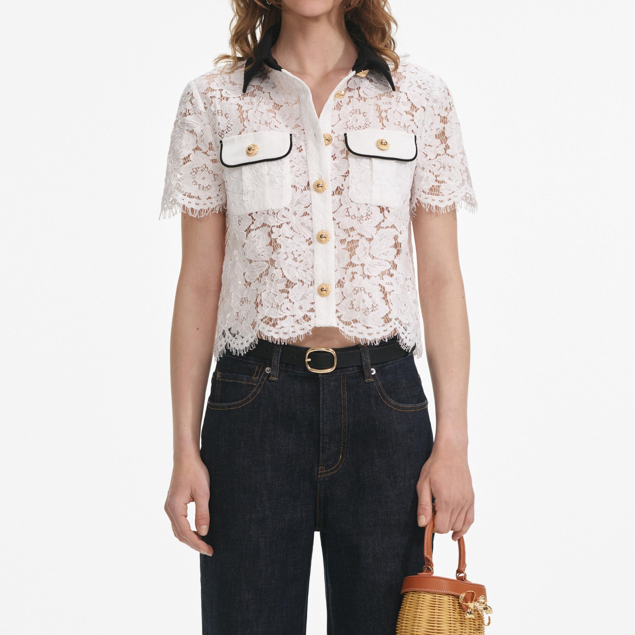 White Lace Contrast Collar Top Product Image