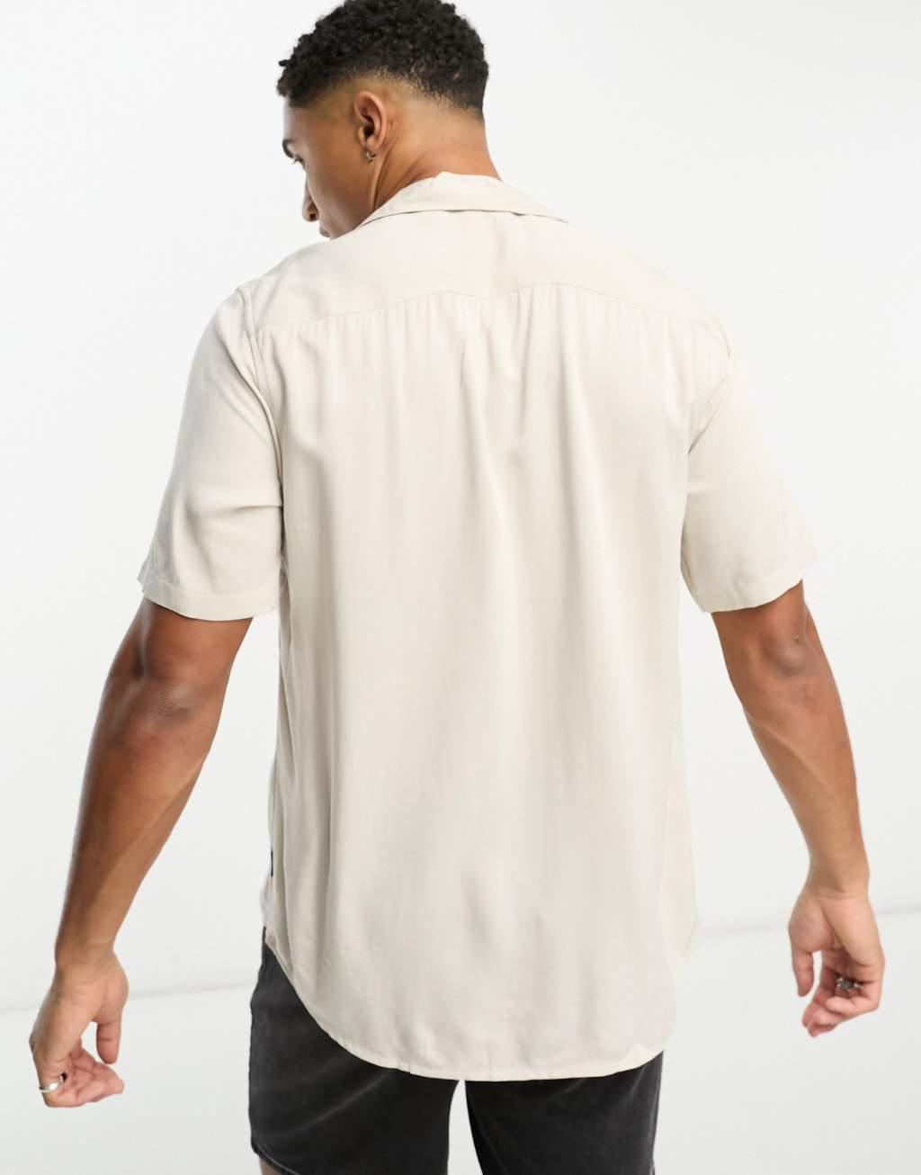 Only & Sons short sleeve viscose shirt with revere collar in beige Product Image