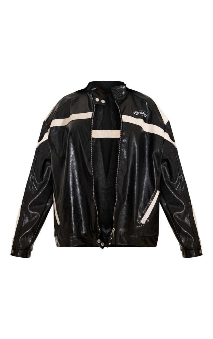 Black Distressed Faux Leather Racer Jacket Product Image