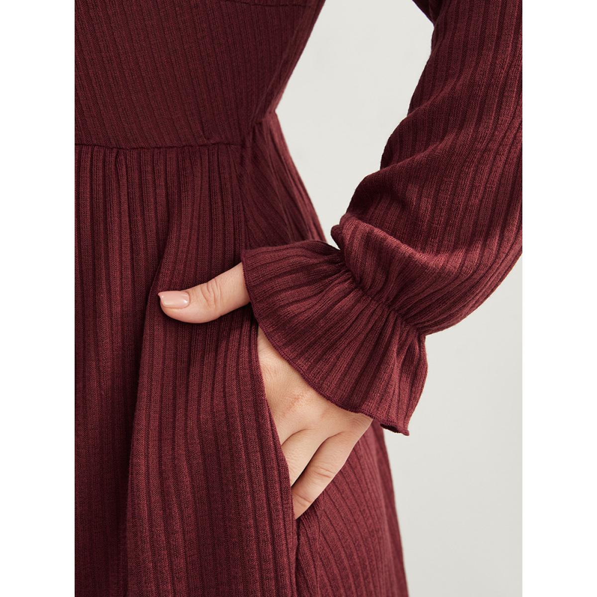 Plus Size Solid Lantern Sleeve Tie Neck Pocket Rib Knit Dress Burgundy Women Casual Pocket V-neck Long Sleeve Curvy Midi Dress BloomChic 28/5X Product Image