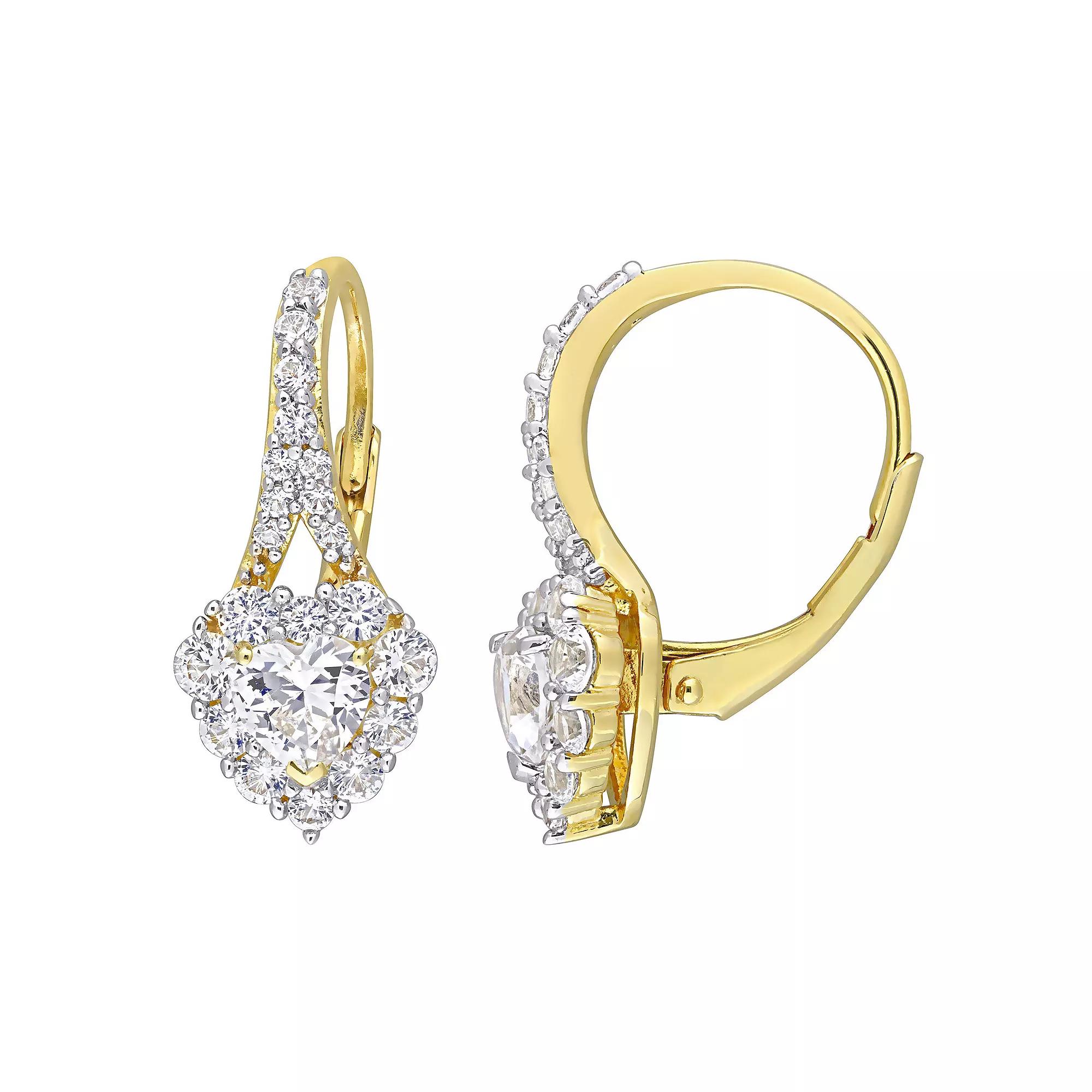 Stella Grace 18k Gold Over Silver Lab-Created White Sapphire Halo Heart Leverback Earrings, Womens, Gold Tone Product Image