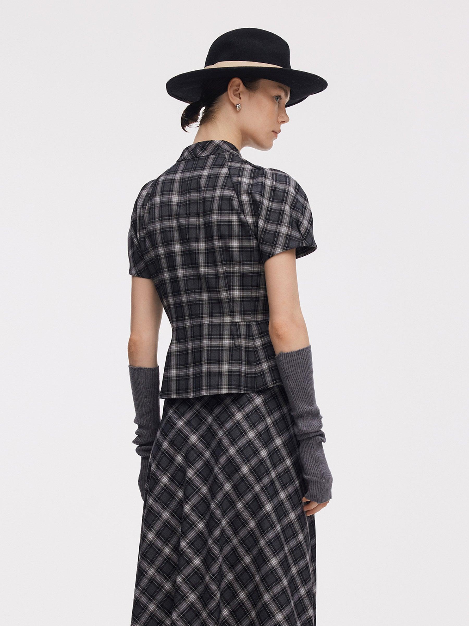 Plaid Ribbon Tie Women Flare Hem Top Product Image