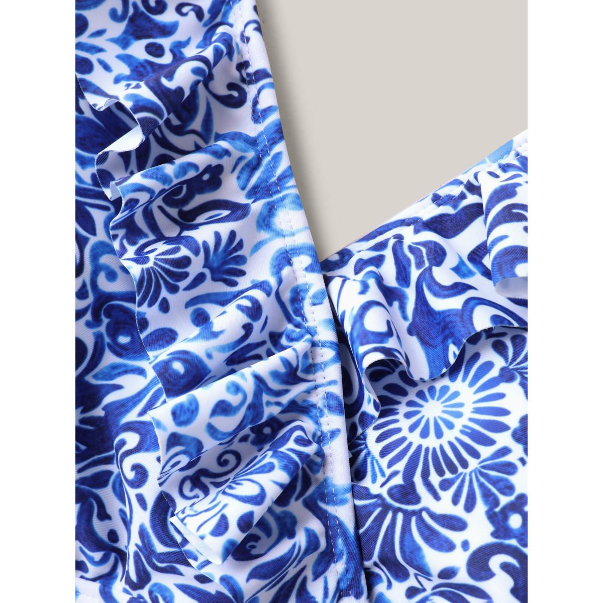 Plus Size Boho Print Ruffled One-Piece Swimsuit Women's Swimwear Cerulean Resort Gathered Curve Bathing Suits High stretch One Pieces BloomChic 12/L Product Image