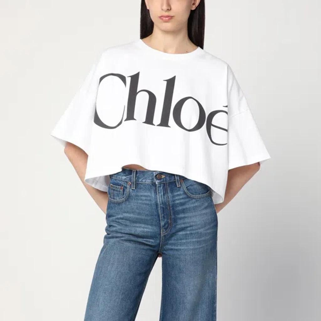 CHLOÉ White Cropped Crewneck T-shirt With Maxi Logo Print On The Front In Cotton Woman In Multicolor Product Image