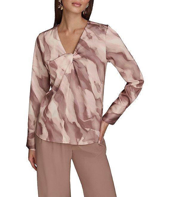 Donna Karan Mink Combo Printed Satin Twist Front V-Neck Long Sleeve Blouse Product Image
