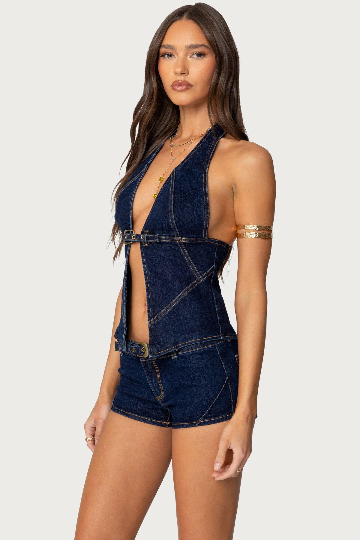 Ciel Split Front Denim Halter Top Product Image