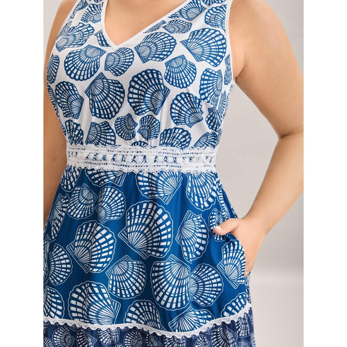Plus Size Shell Print Lace Trim Pockets Maxi Dress DarkBlue Women V-neck Sleeveless Curvy BloomChic 10/M Product Image