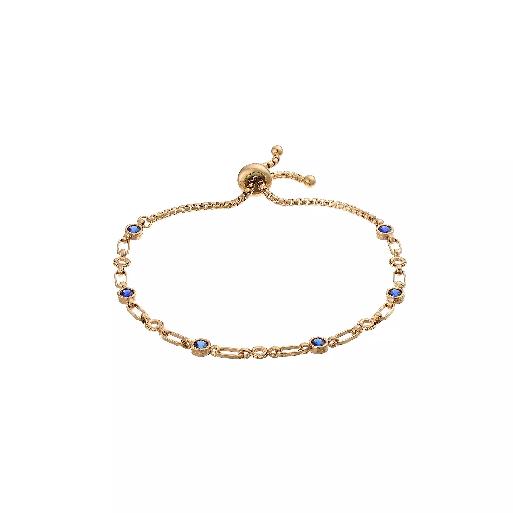 Kristen Kesho Sterling Silver Lab-Created Sapphire & Circle Link Adjustable Bolo Bracelet, Women's, Size: 9.50, Gold Tone Product Image