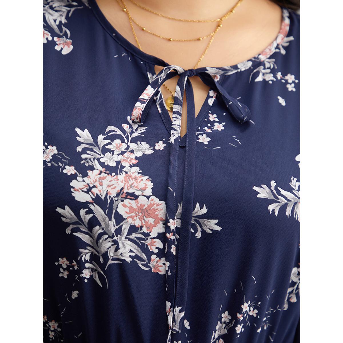 Plus Size Floral Print Knot Neck Pocket Dress DarkBlue Women Elegant See through Tie Neck Long Sleeve Curvy Midi Dress BloomChic 14-16/1X Product Image