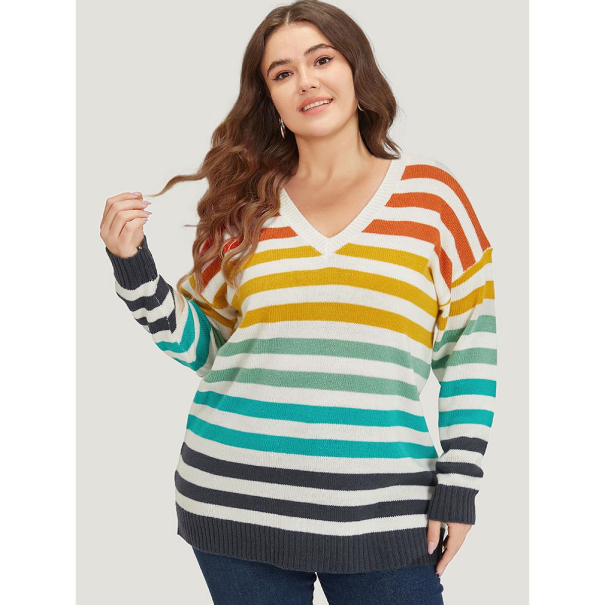 Plus Size Rainbow Print V Neck Elastic Cuffs Pullover Multicolor Women Casual Loose Long Sleeve V-neck Dailywear Pullovers BloomChic 12/L Product Image