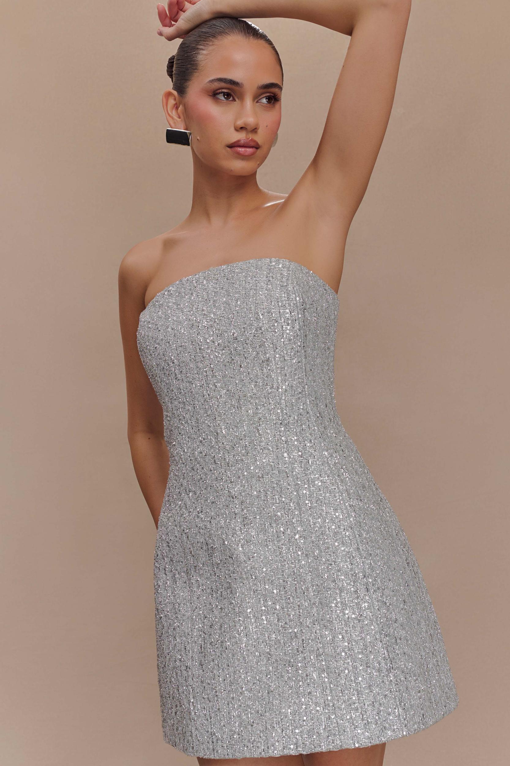 Gala Strapless Tweed Mini Dress - Silver Product Image