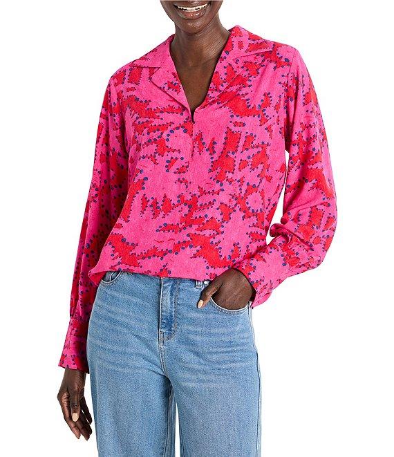 NIC + ZOE Woven Clashy Petals Print Notch Collar V-Neck Long Sleeve Blouse Product Image