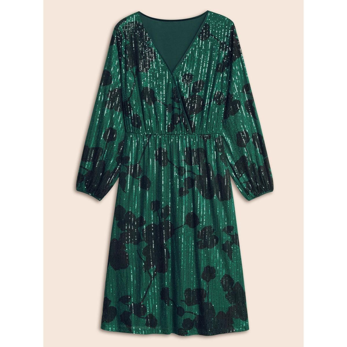 Plus Size Sequin Floral Lantern Sleeve Midi Dress Truegreen Women Cocktail Texture Party Curvy Bloomchic 26/4X Product Image
