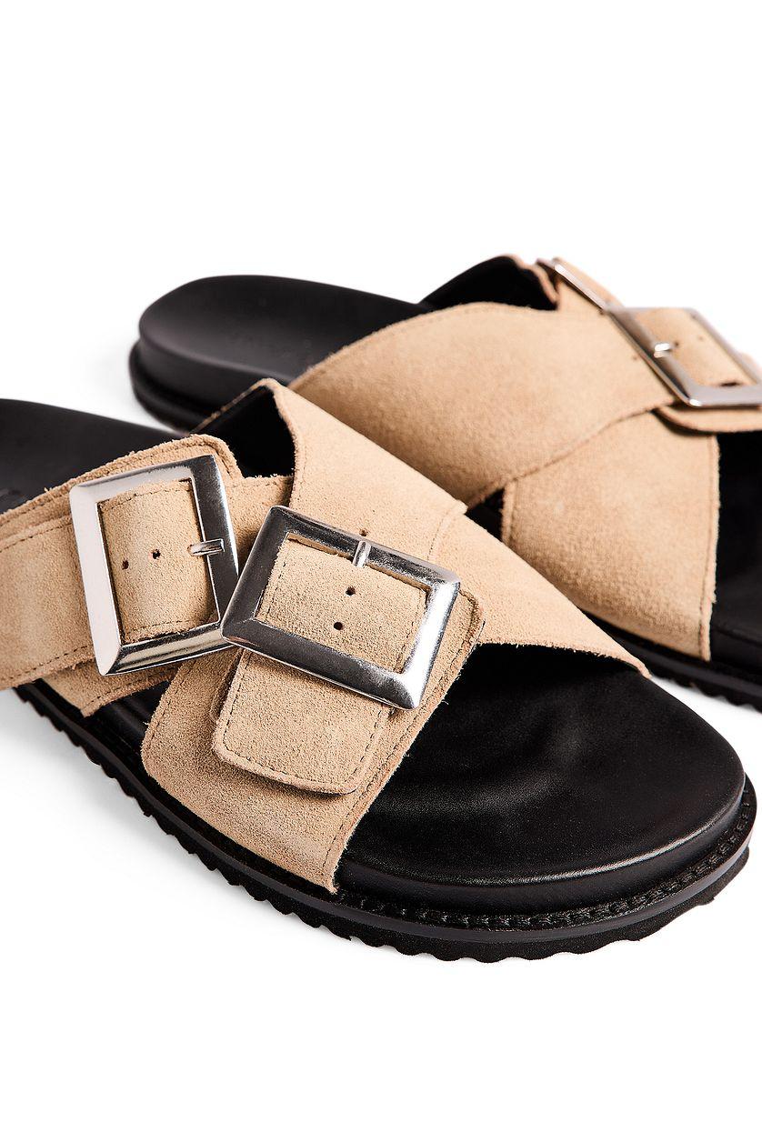 Double Buckle Leather Slippers Product Image