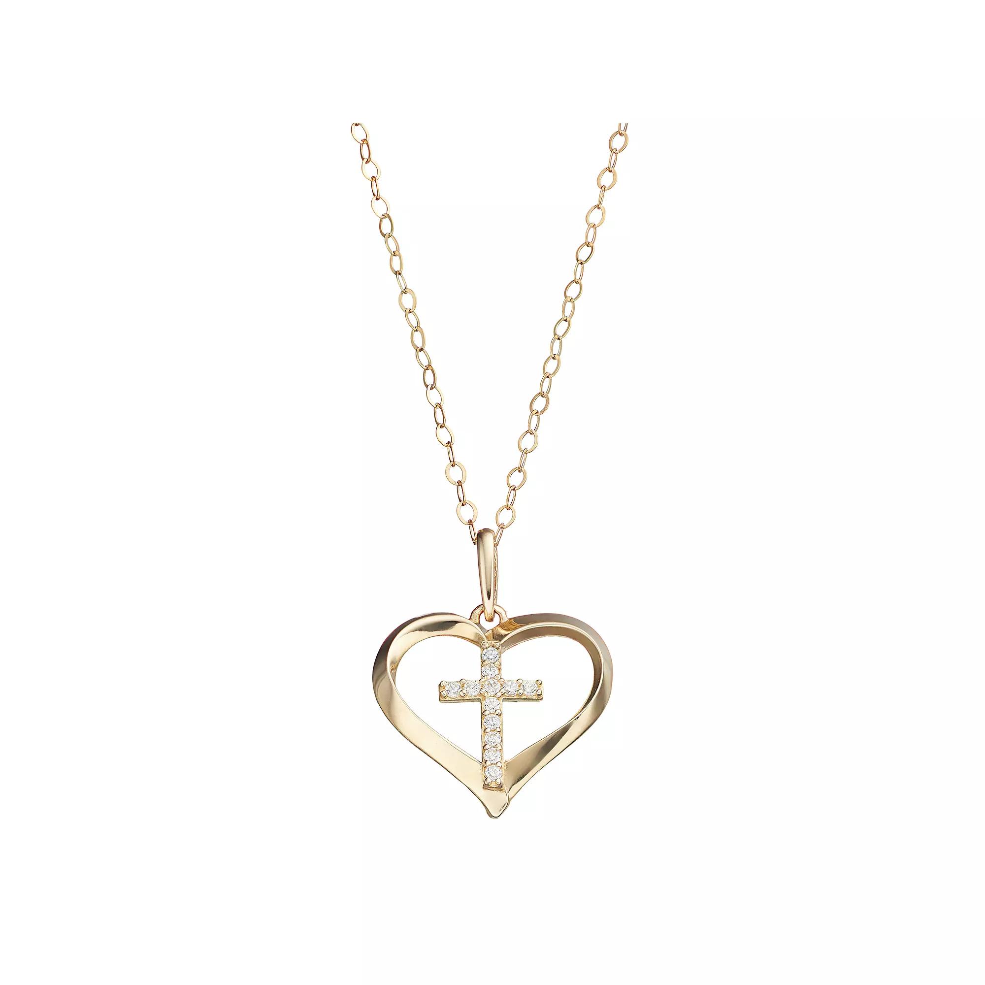 10k Gold Cubic Zirconia Cross & Heart Pendant Necklace, Women's Product Image