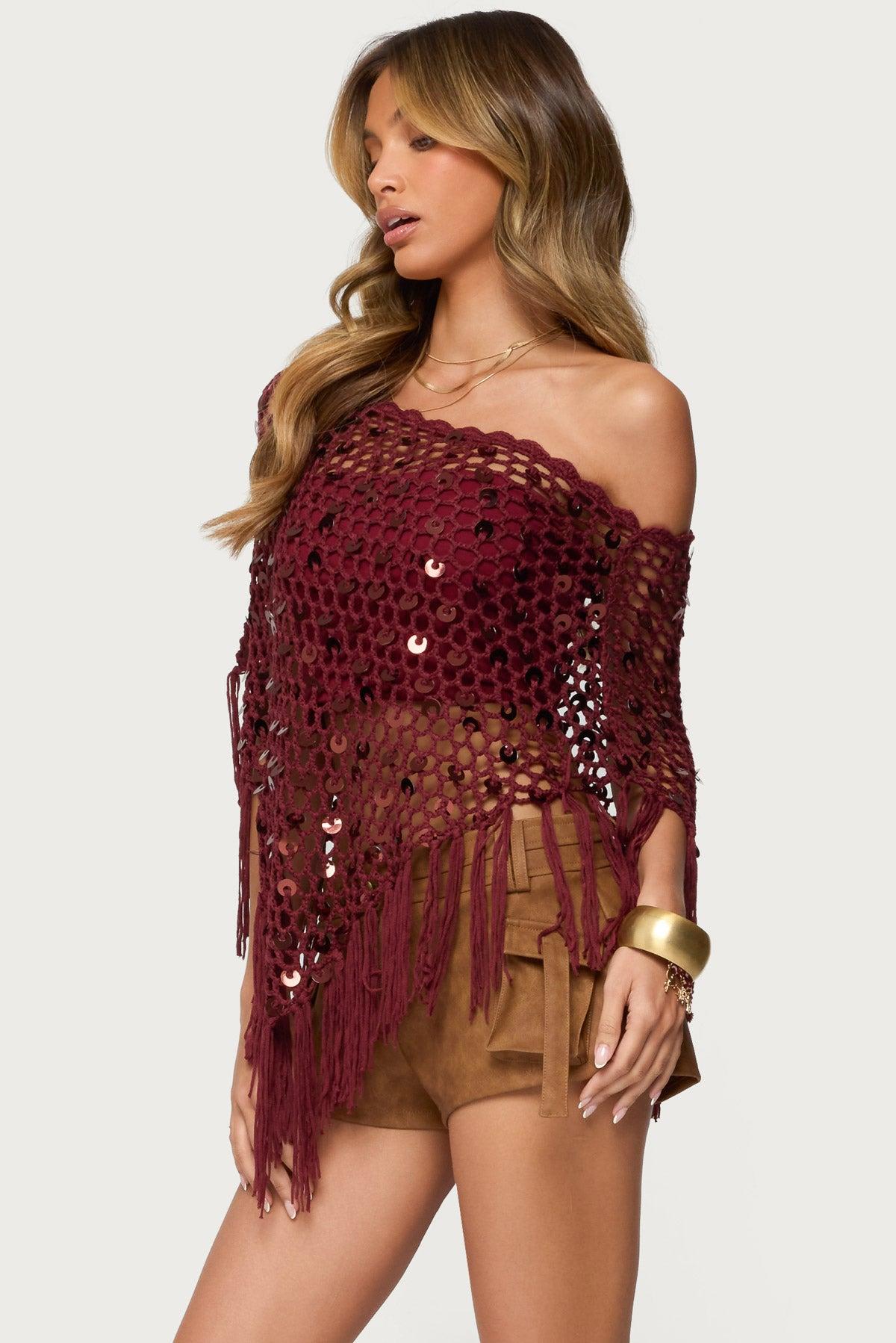 Fringe Sequin Crochet Poncho Product Image