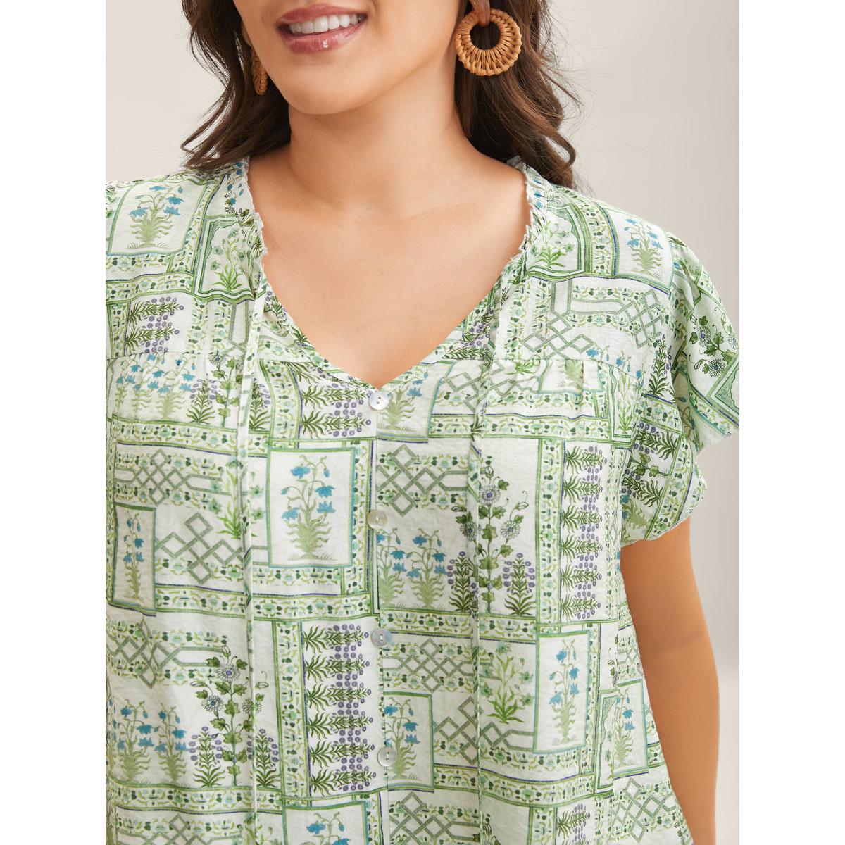 Plus Size Moss Serene Leaf Collage Flutter Sleeve Blouse Women Short sleeve Notched collar Vacation Blouses BloomChic 14-16/1X Product Image
