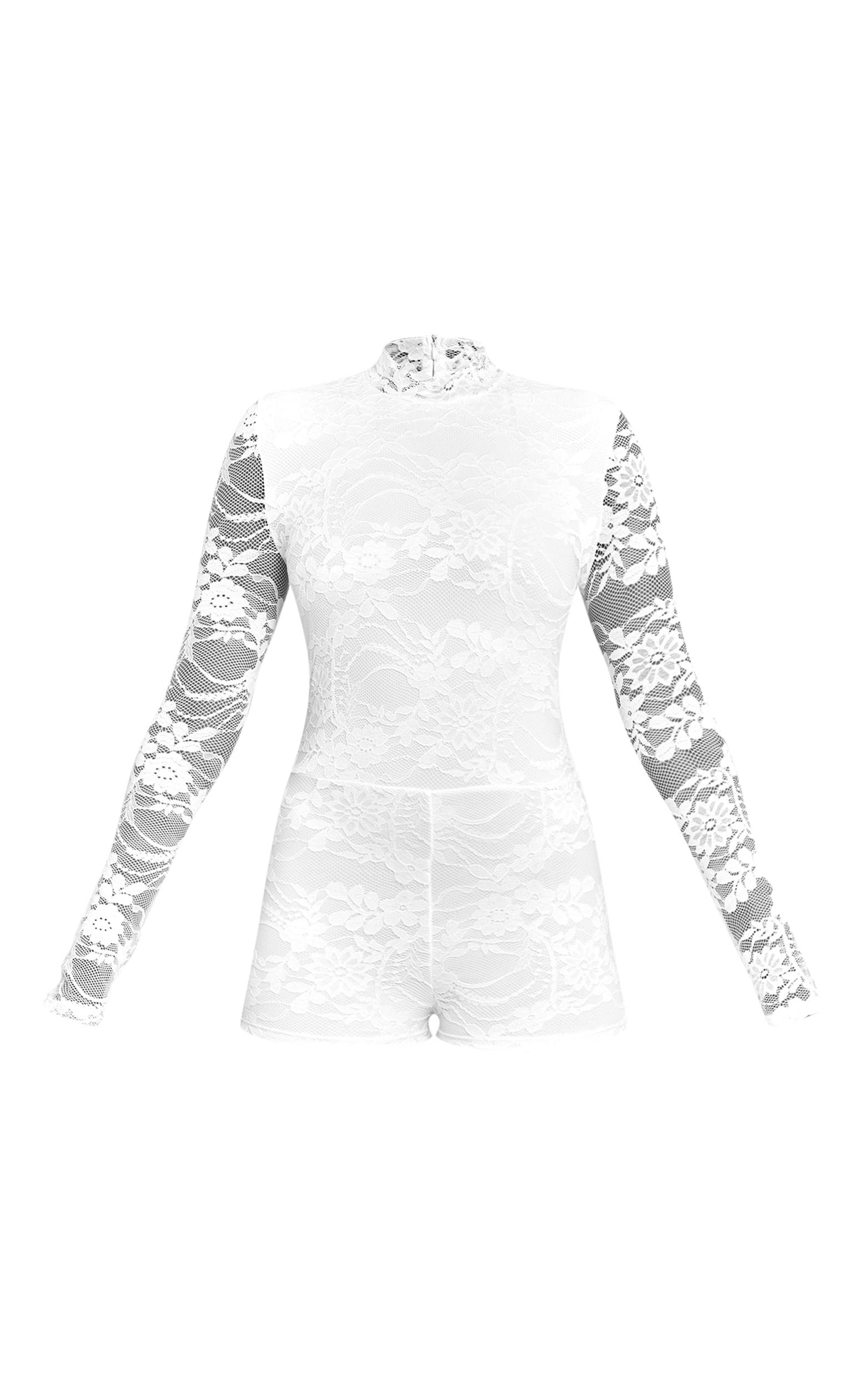 White Lace Lined Long Sleeve Boat Neck Romper Product Image