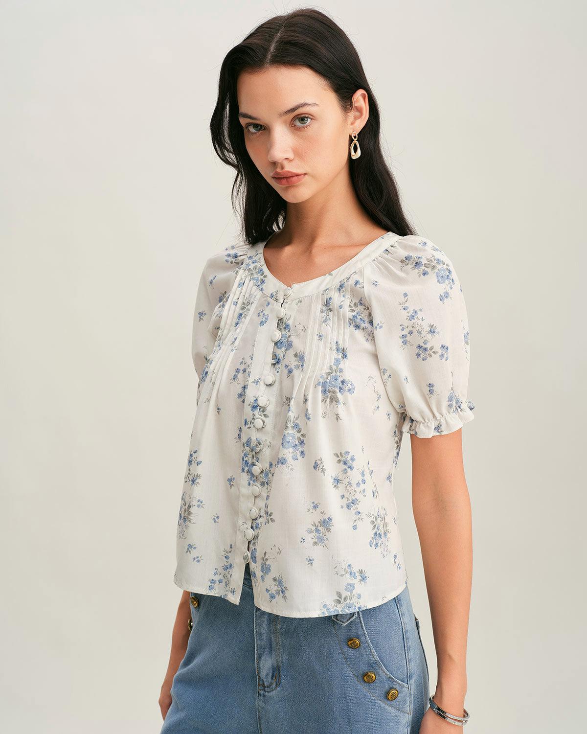 Blue Floral V Neck Button Blouse Product Image