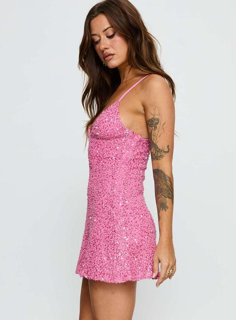 Feel The Vibrations Sequin Mini Dress Hot Pink Product Image