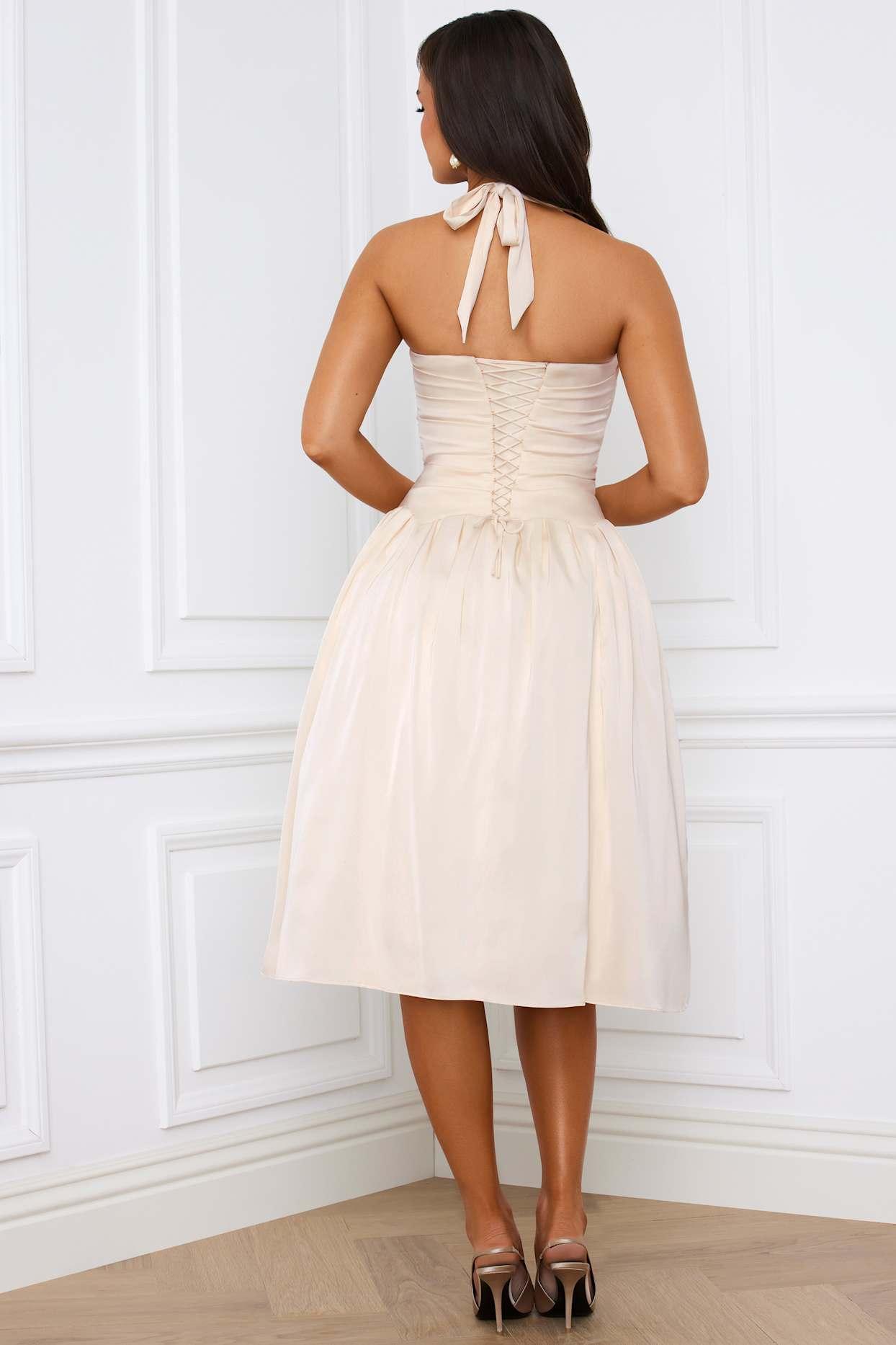 Halterneck Lace-Up Ruched Corset Midi Dress in Ivory Product Image