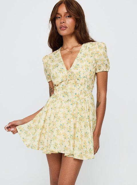 Ethelyn Mini Dress Yellow Floral Product Image