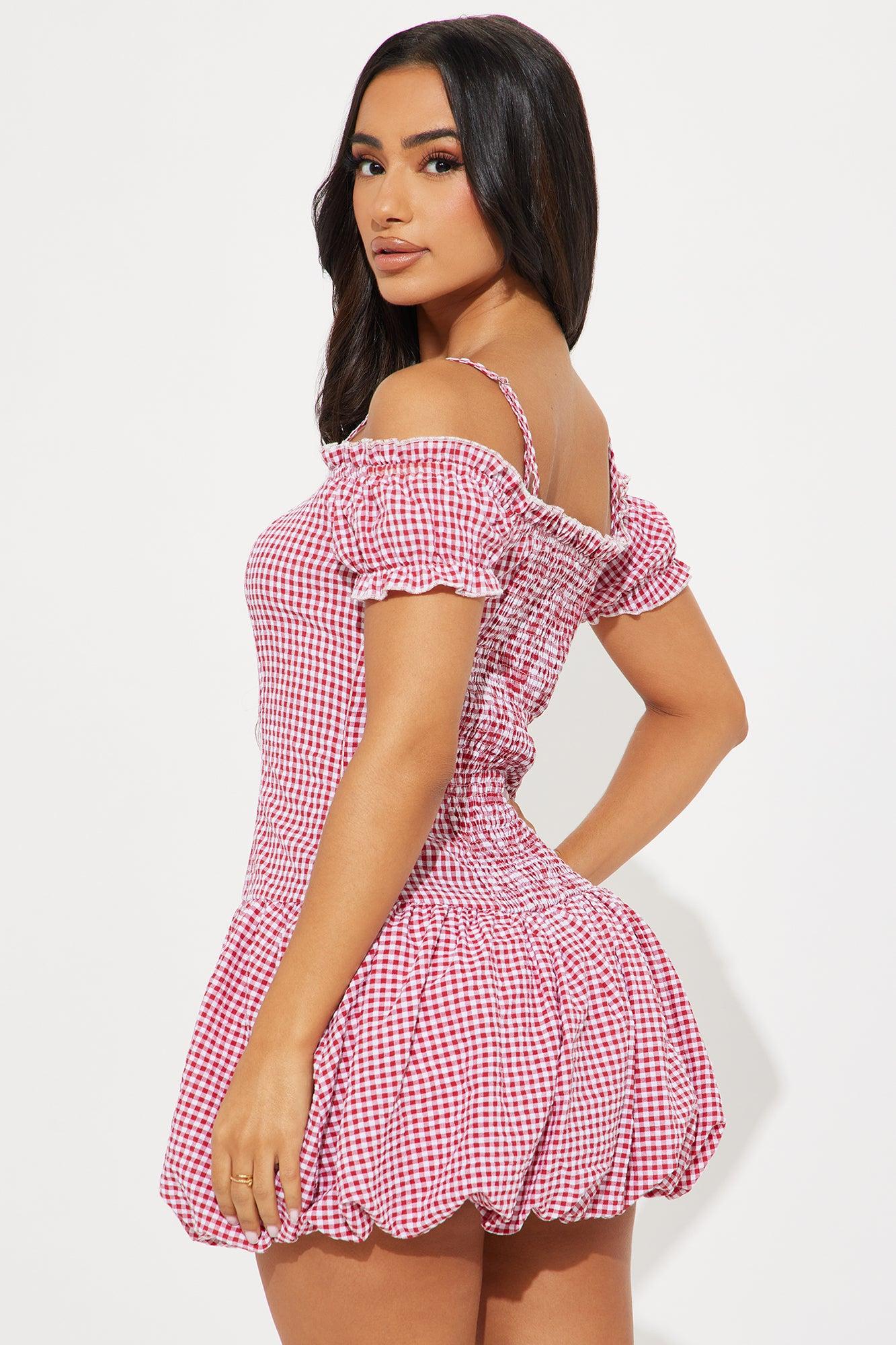Maggie Gingham Bubble Micro Mini Dress - Red/White Product Image