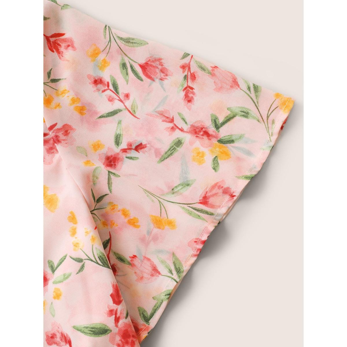 Plus Size MistyRose Chiffon Watercolor Floral Woven Ribbon Frill Trim Blouse Women Elegant Short sleeve V-neck Everyday Blouses BloomChic 28/5X Product Image