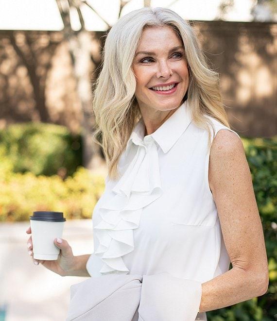 Ming Wang x Tanya Foster Crepe De Chine Point Collar Waterfall Neck Sleeveless Blouse Product Image