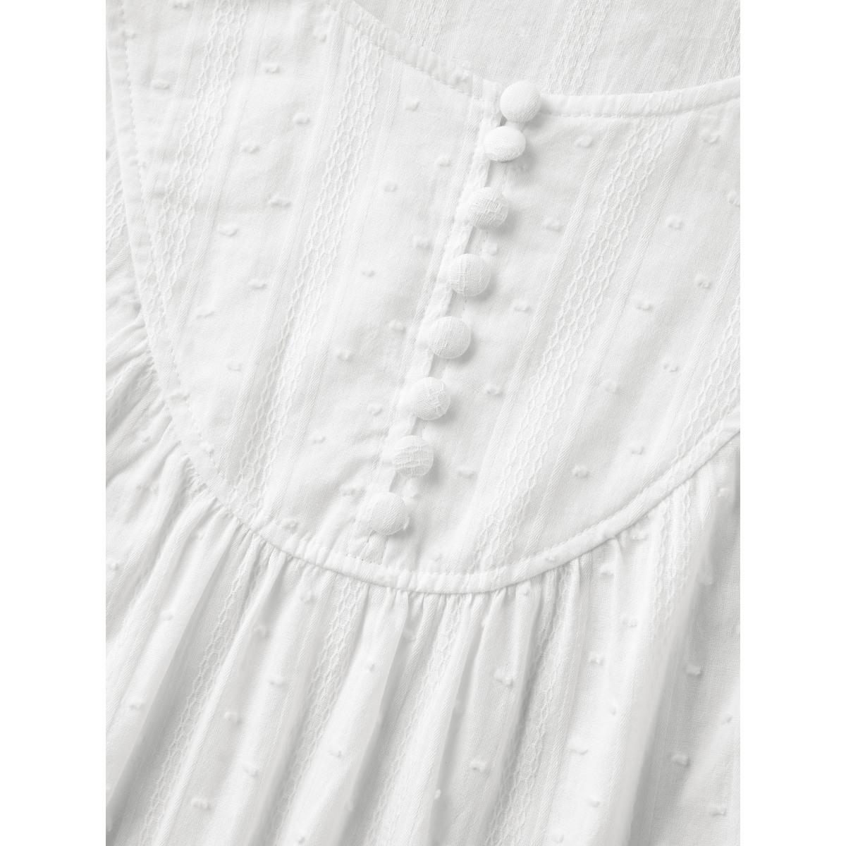 Plus Size WhiteSmoke Pure Cotton Puff Sleeve Button Blouse Women Half Sleeve Round Neck Vacation Blouses BloomChic 12/L Product Image