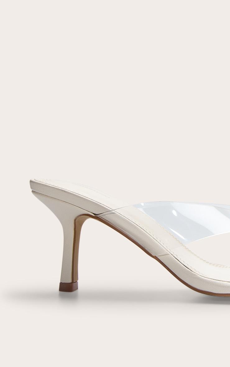 Ecru Pu Round Toe Thong Perspex Straps Mid Heeled Mules Product Image