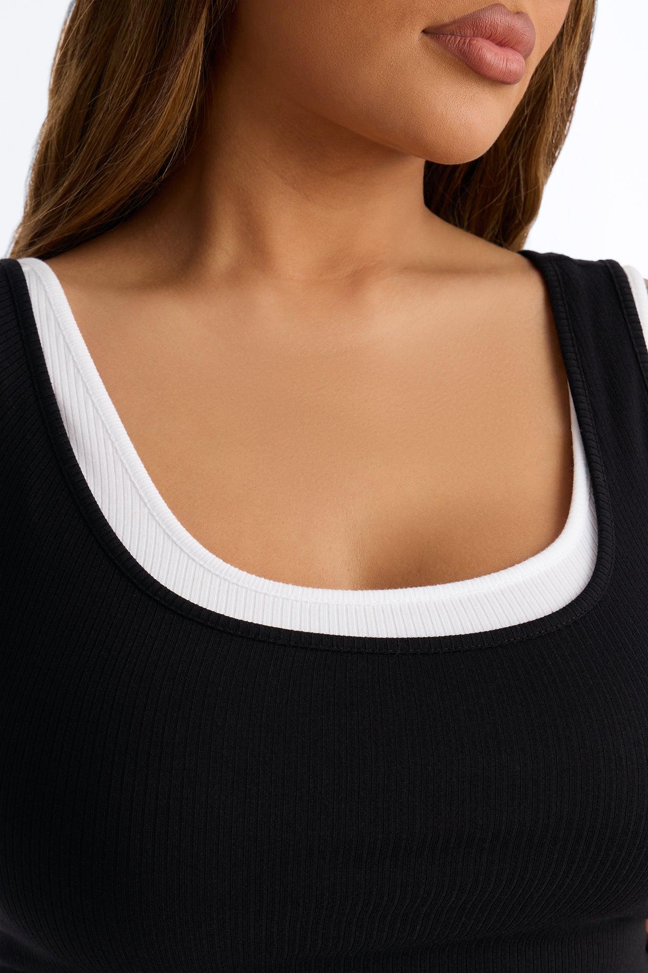 Ashlee Ribbed Layered Off Shoulder Tank Top - Black/White Female Product Image