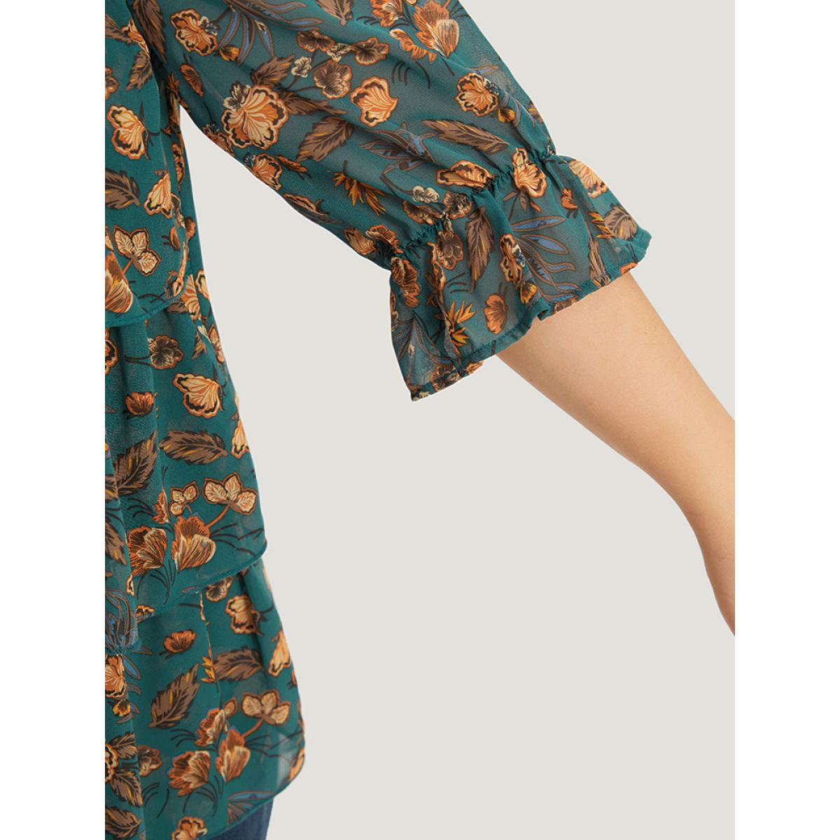 Plus Size Cyan Floral Print Square Neck Layered Ruffle Trim Blouse Women Office Half Sleeve Square Neck Dailywear Blouses BloomChic 12/L Product Image