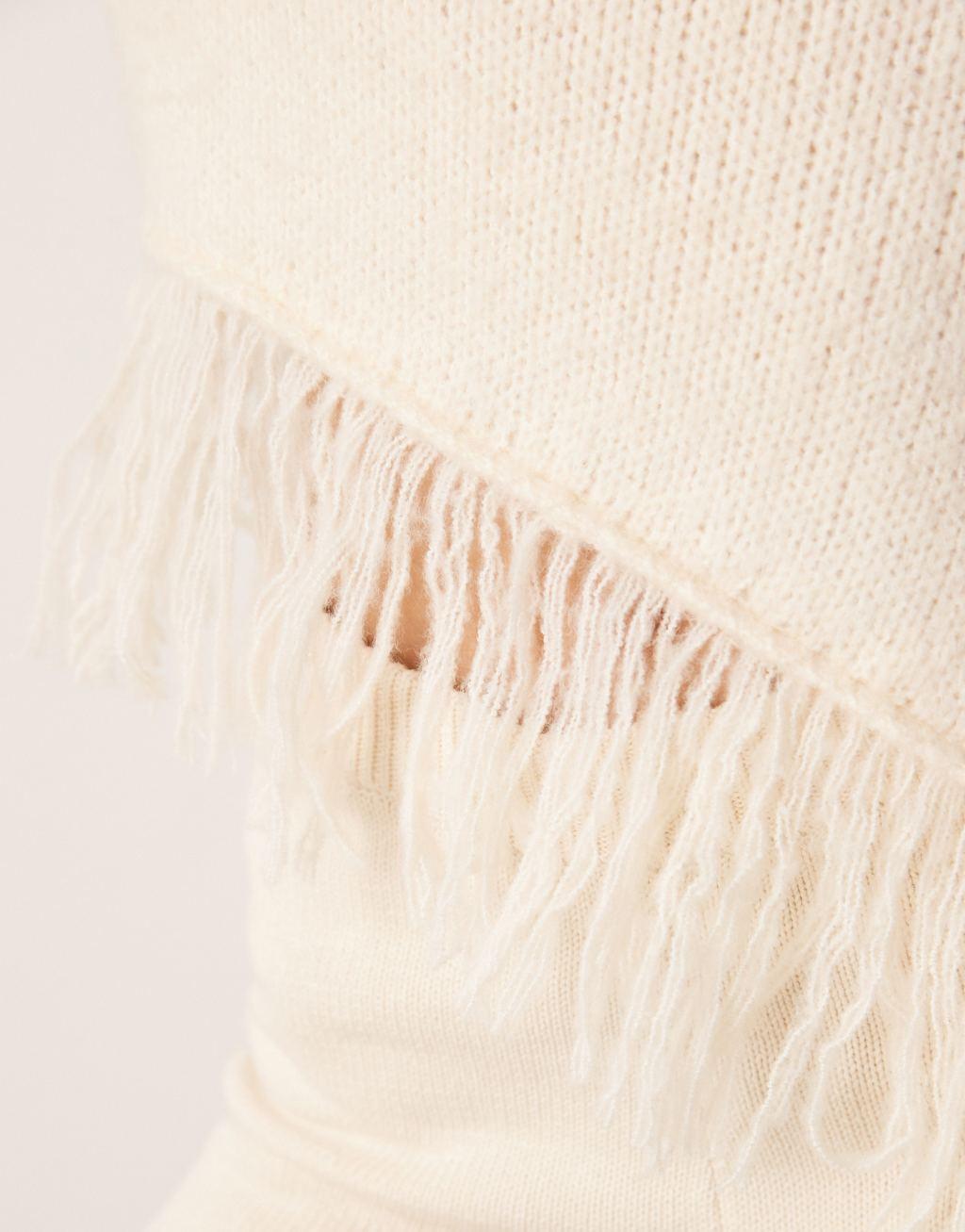 ASOS DESIGN knit crew neck sweater with fringe hem detail in cream Product Image