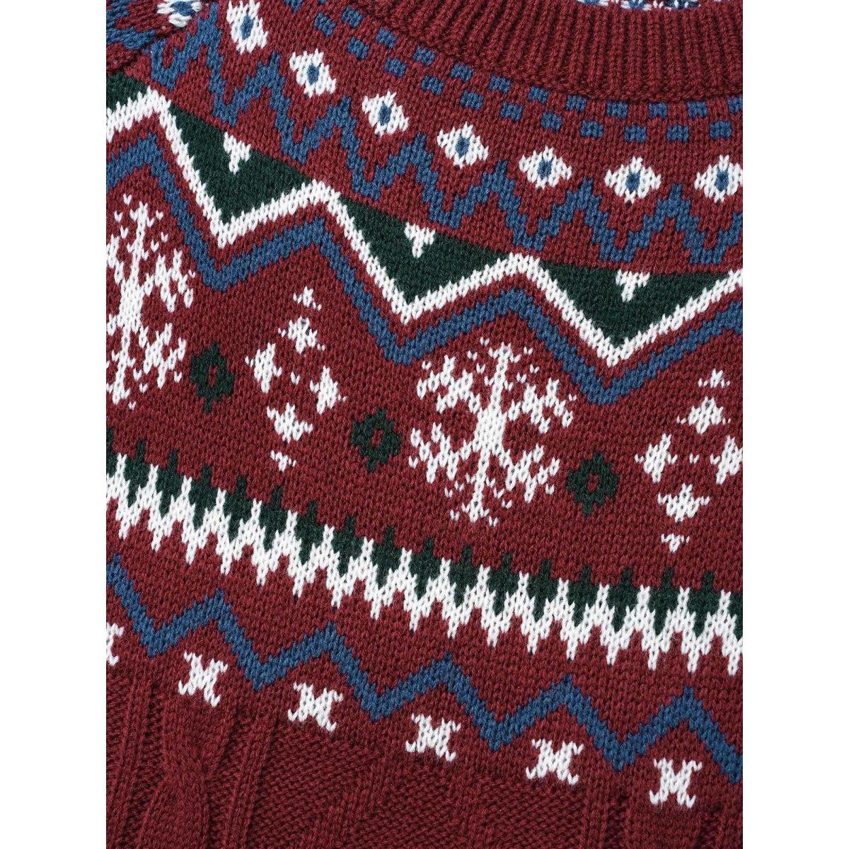 Plus Size Festive Fair Isle Cable Knit Pullover Deepred Women Leisure Loose Long Sleeve Round Neck Casual Pullovers BloomChic 12/L Product Image