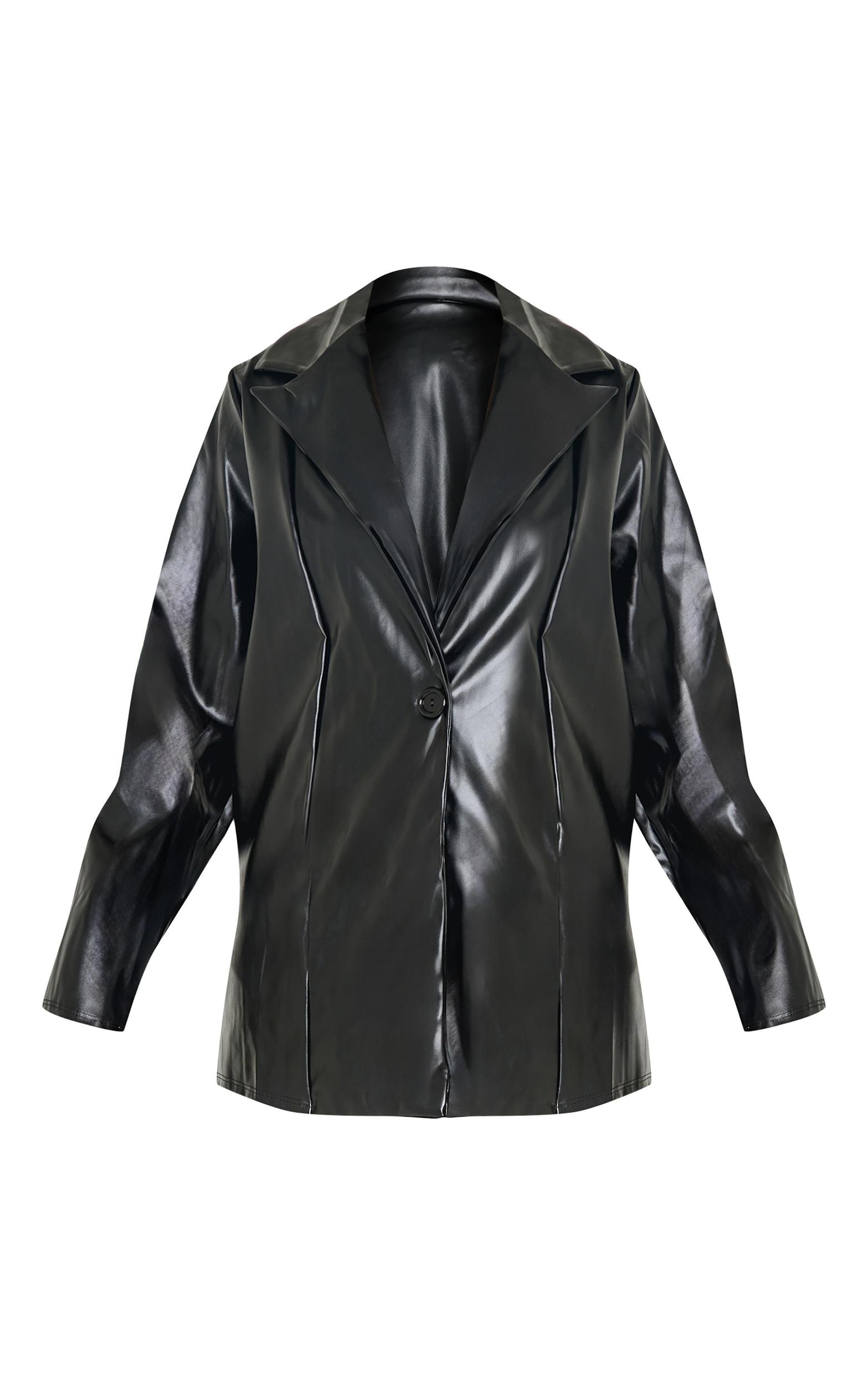 Black Longline Lapel Detail Faux Leather Blazer Product Image